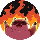 Ayla's profile picture: a racoon with hands up, screaming, with fire in the background